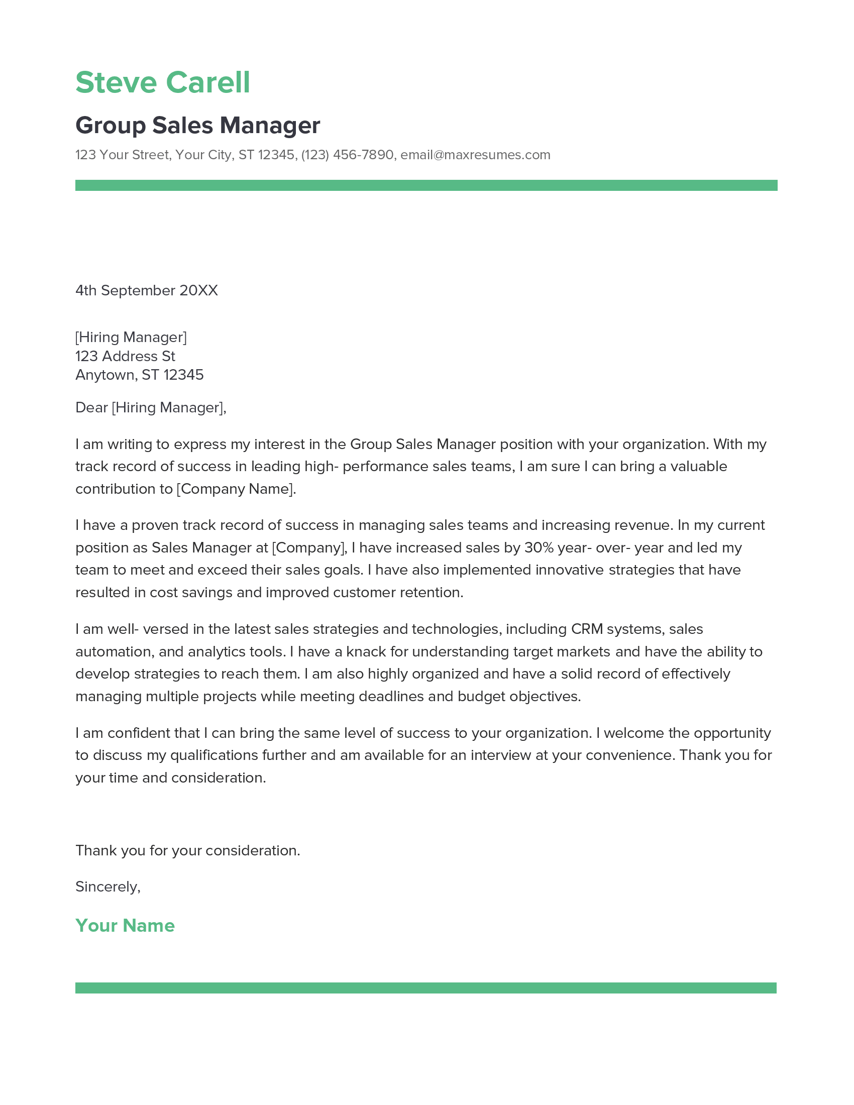 Group Sales Manager Cover Letter Example