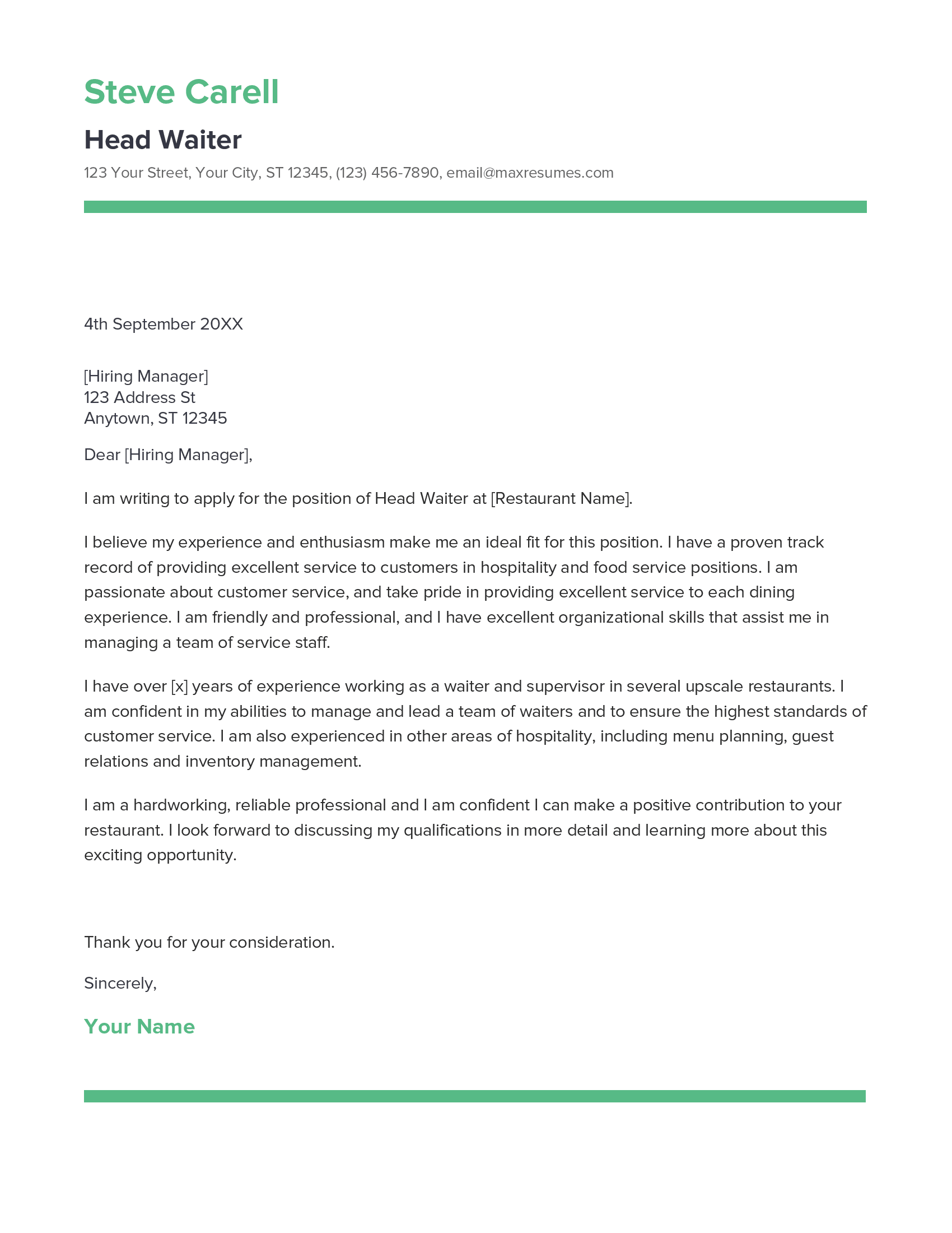 Head Waiter Cover Letter Example