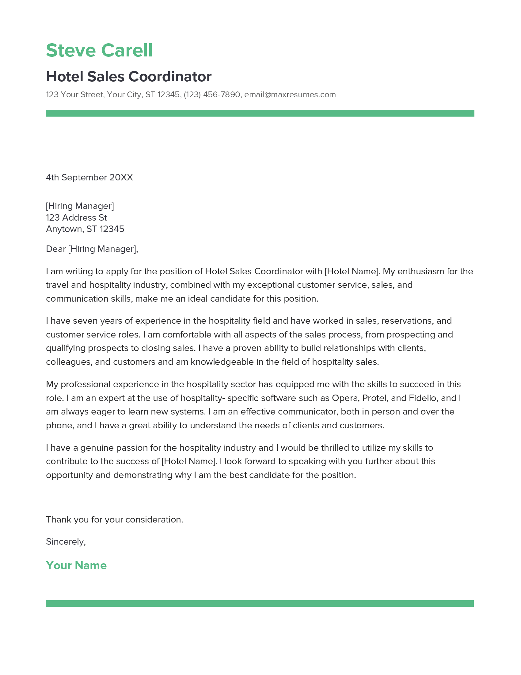 Hotel Sales Coordinator Cover Letter Example