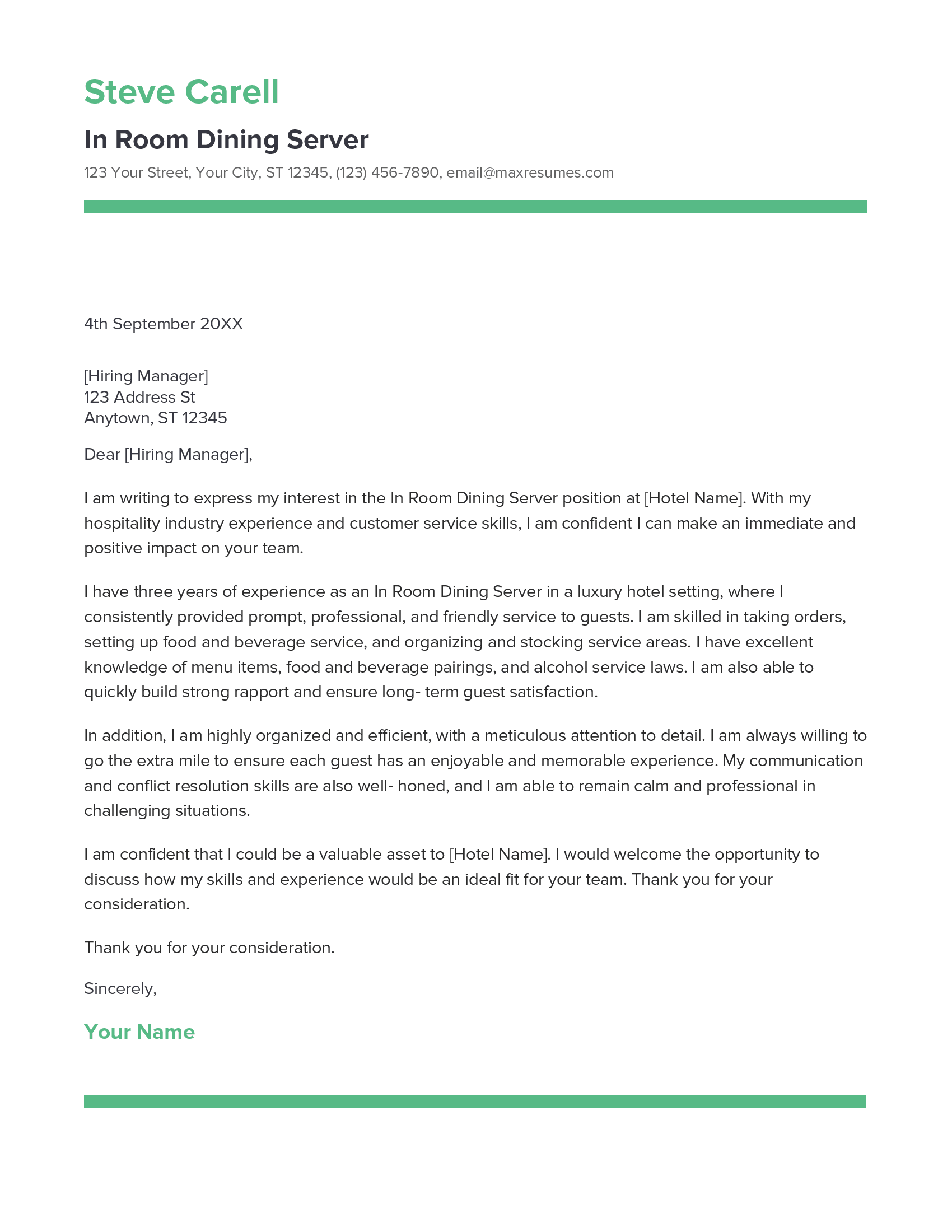In Room Dining Server Cover Letter Example