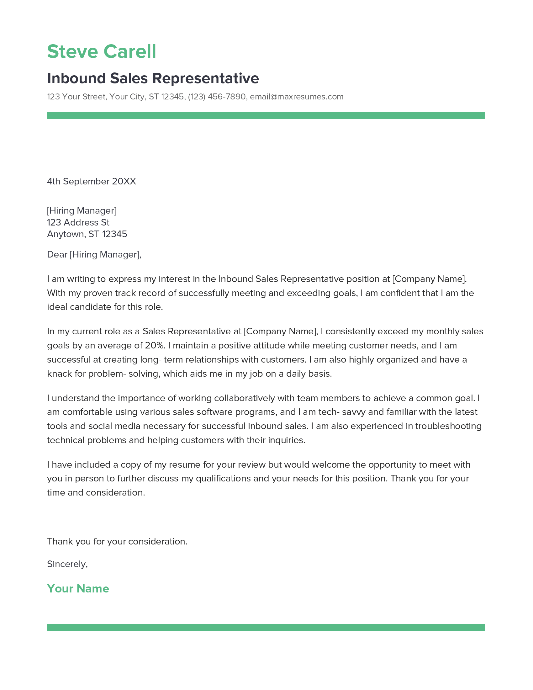 Inbound Sales Representative Cover Letter Example
