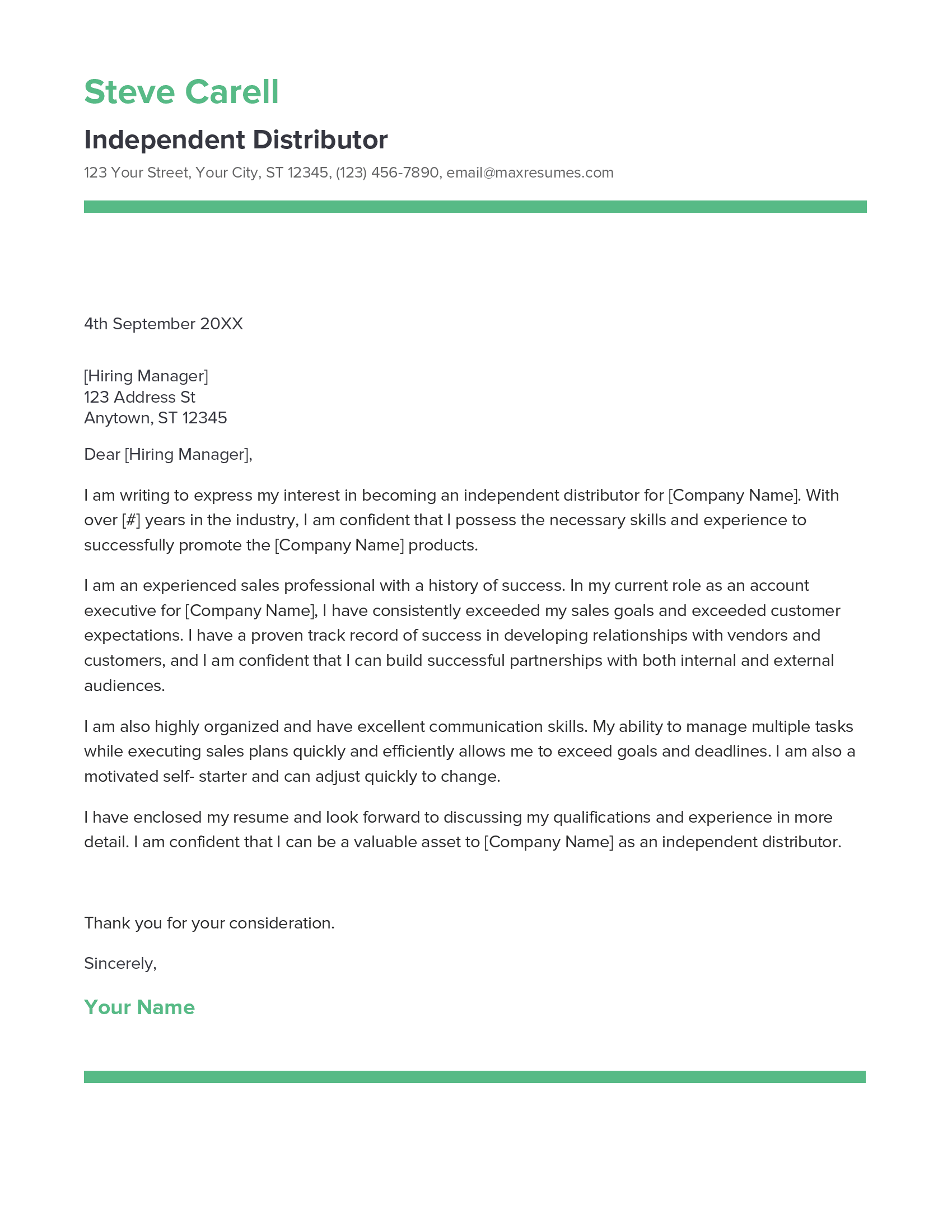 Independent Distributor Cover Letter Example