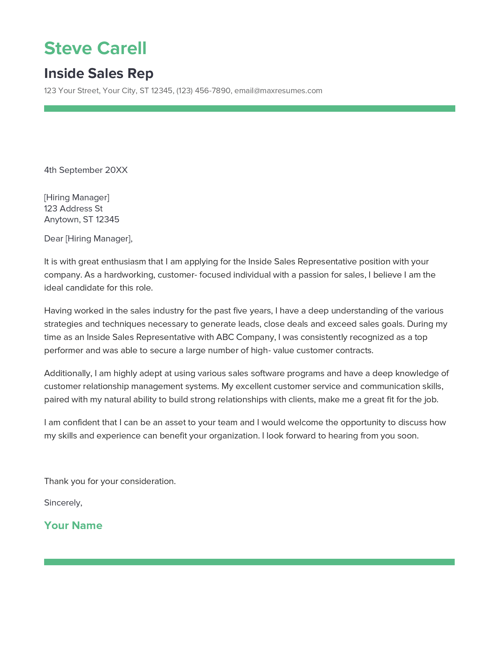 Inside Sales Rep Cover Letter Example