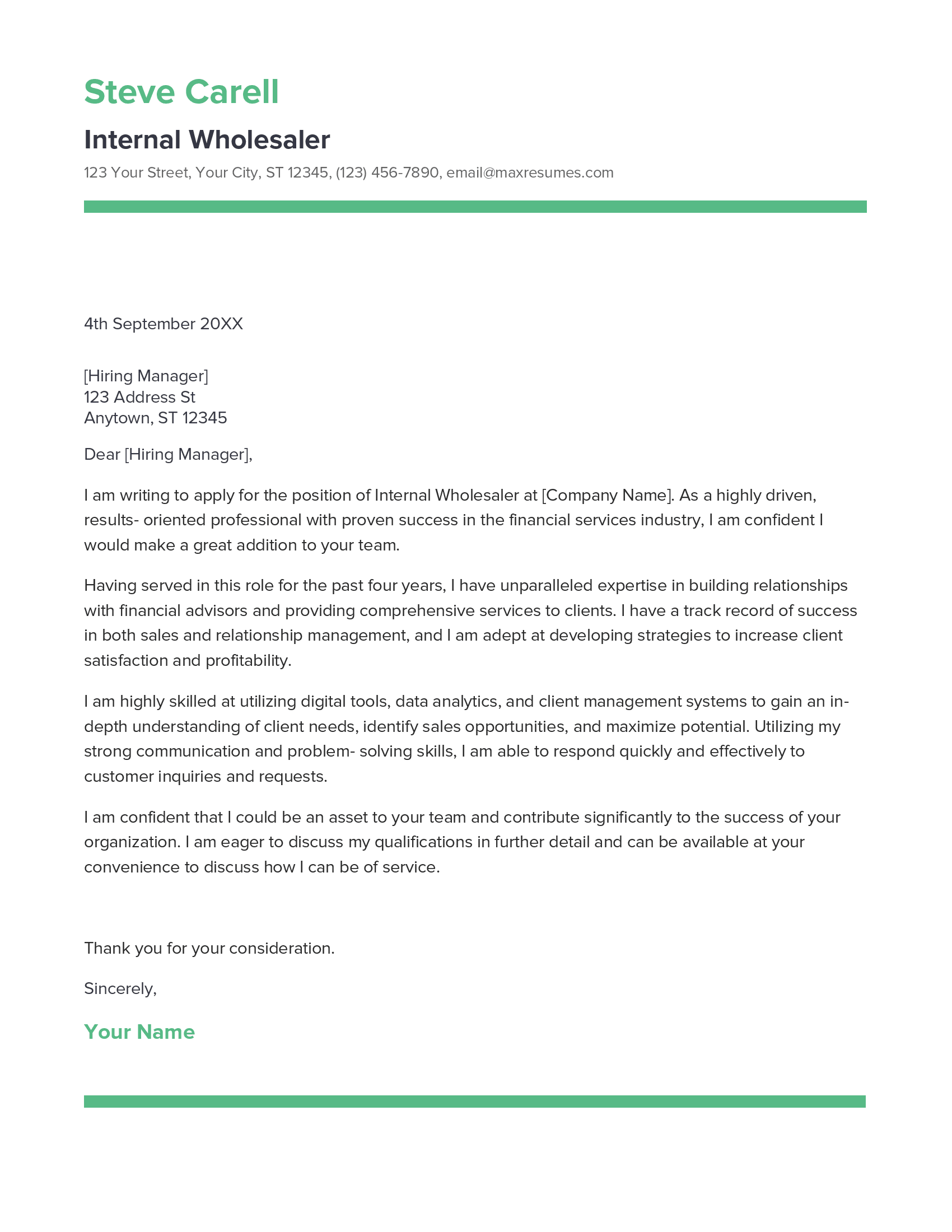 Internal Wholesaler Cover Letter Example