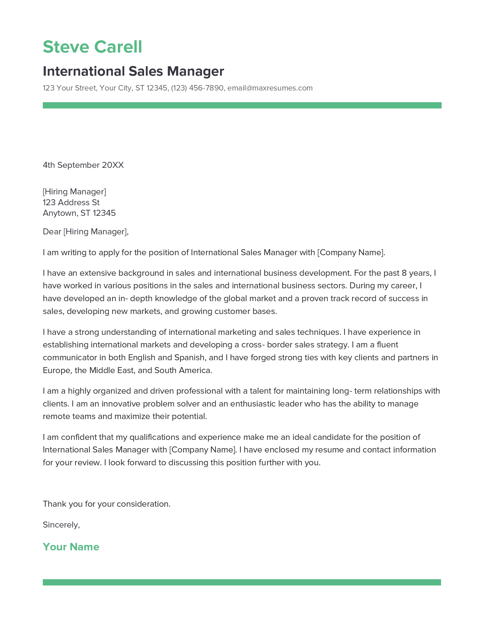 International Sales Manager Cover Letter Example
