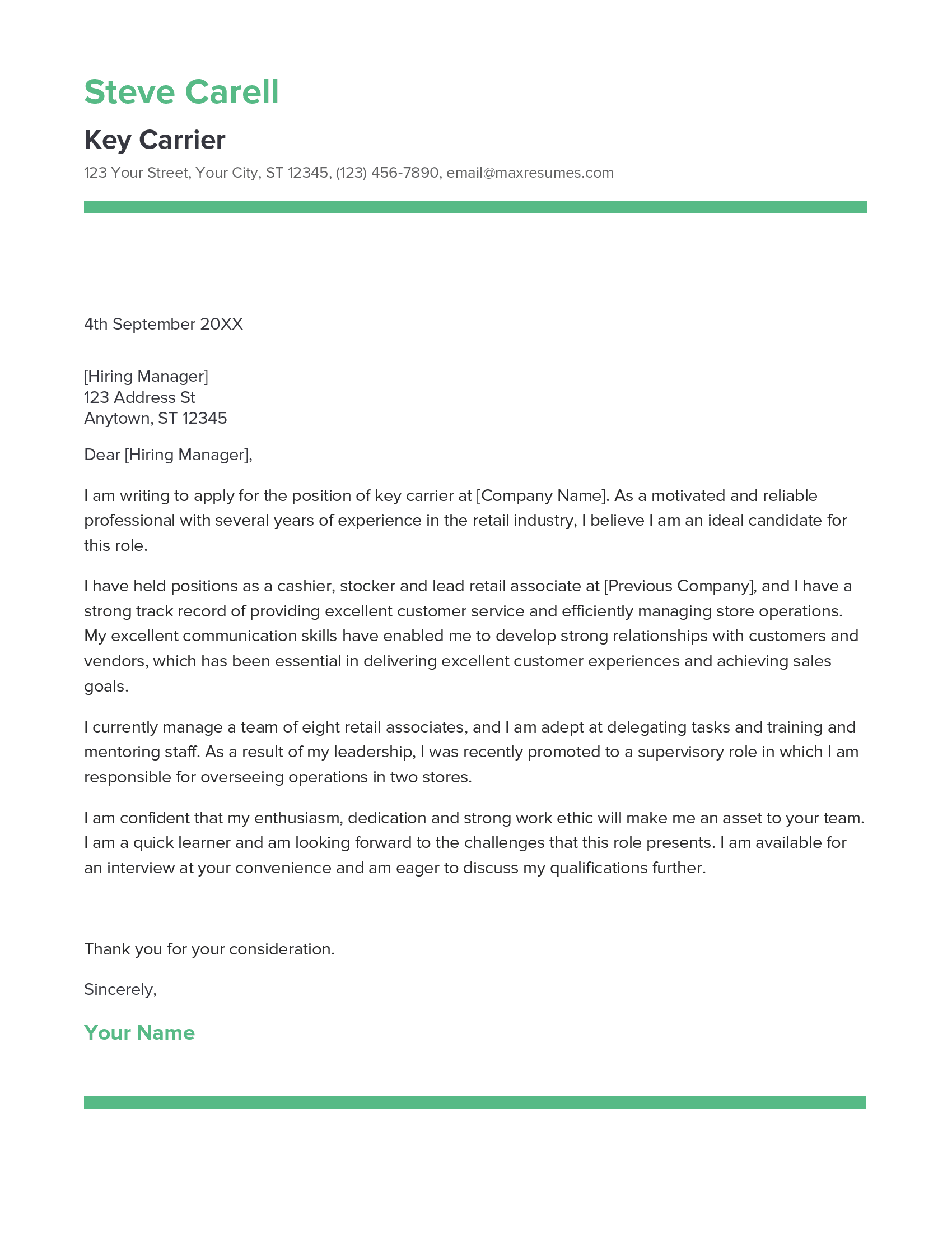 Key Carrier Cover Letter Example