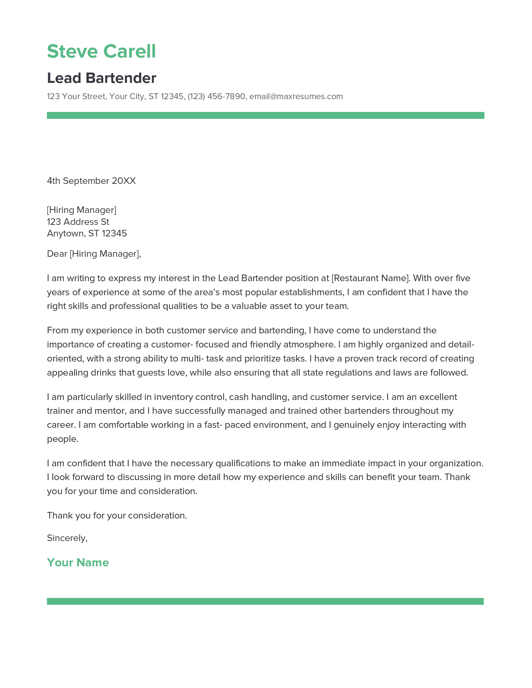 Lead Bartender Cover Letter Example