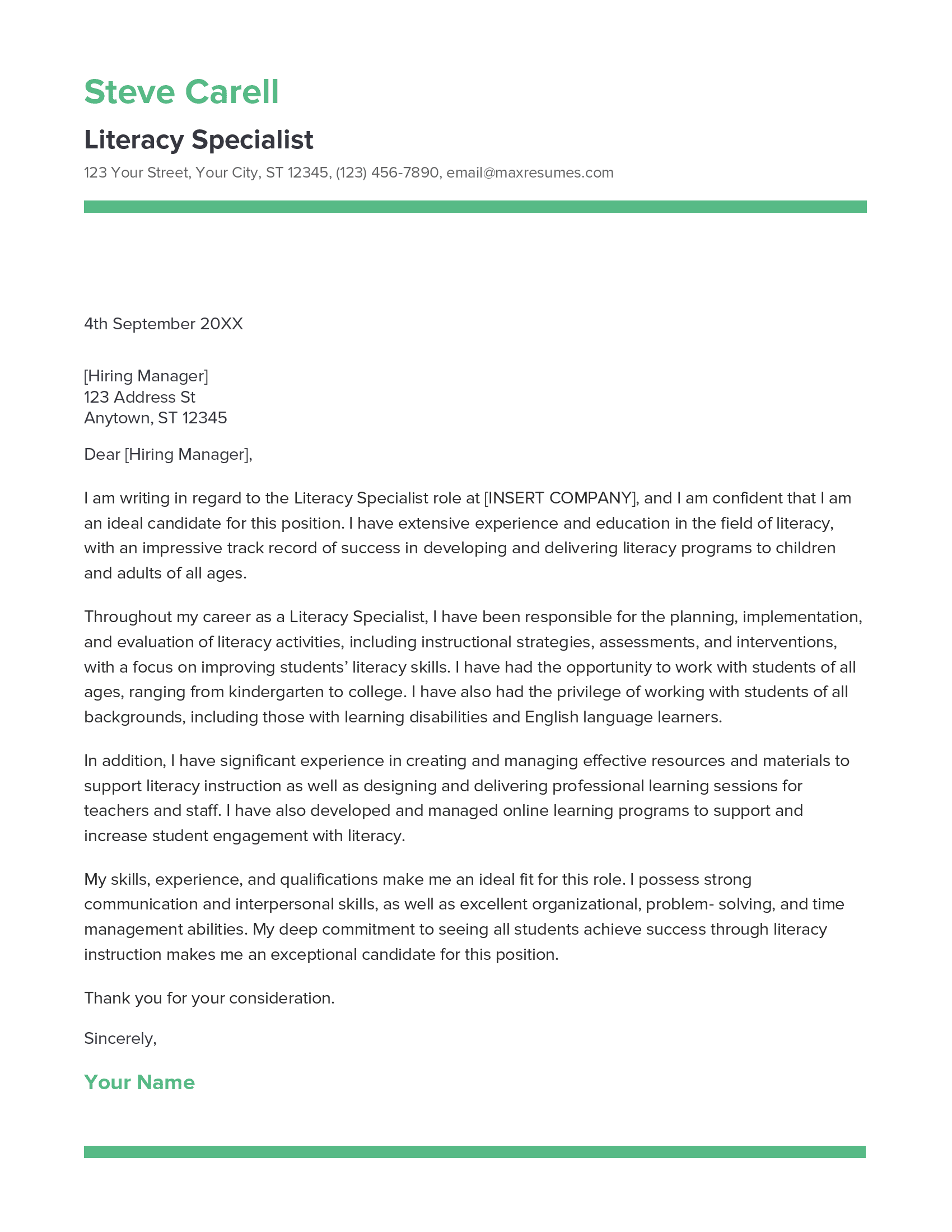 Literacy Specialist Cover Letter Example