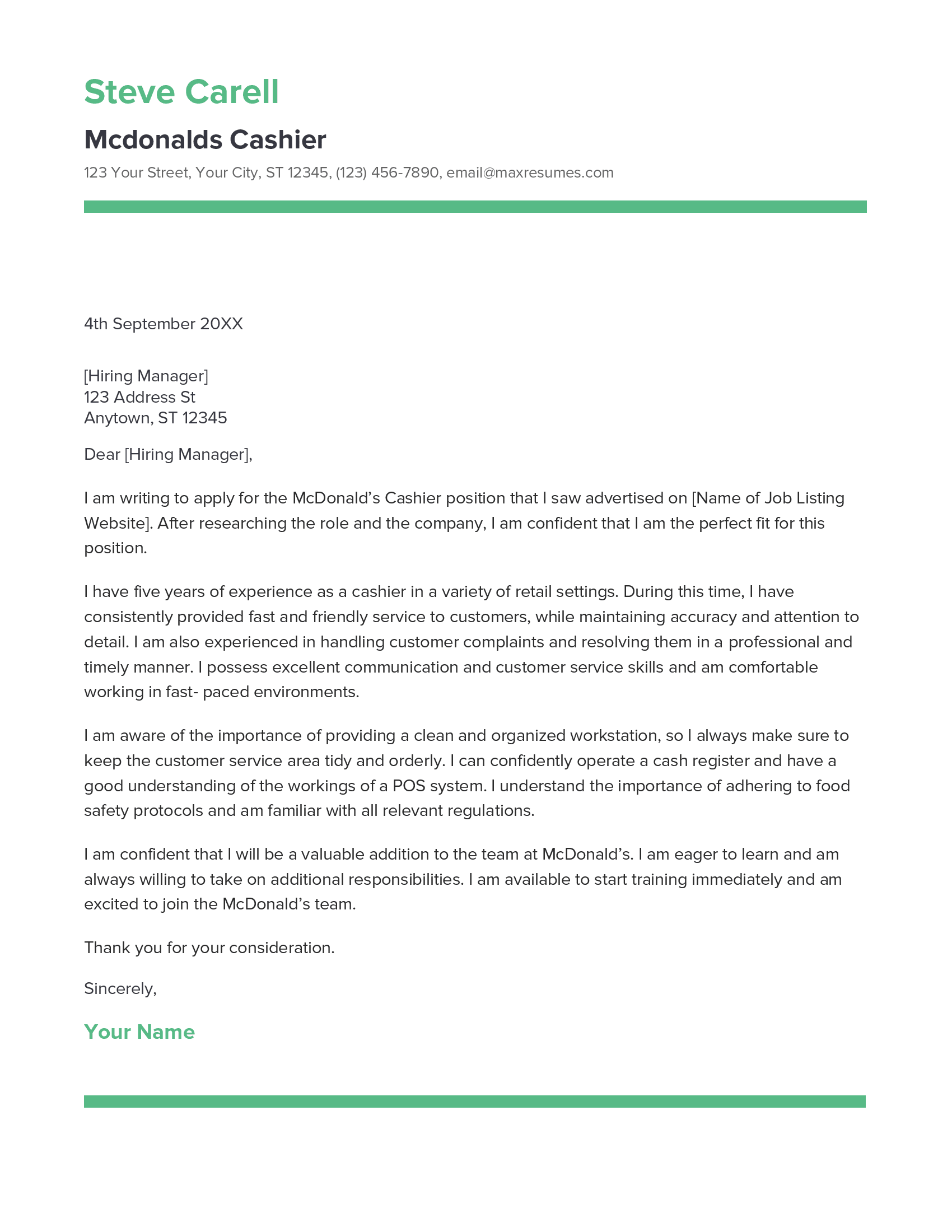 Mcdonalds Cashier Cover Letter Example