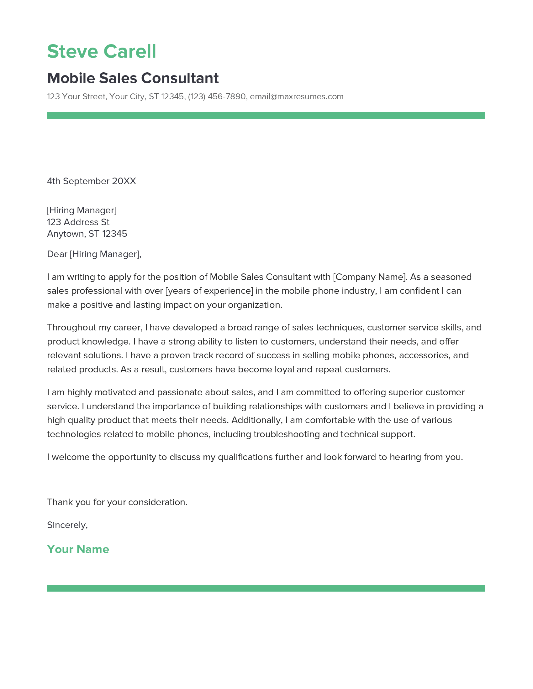 Mobile Sales Consultant Cover Letter Example