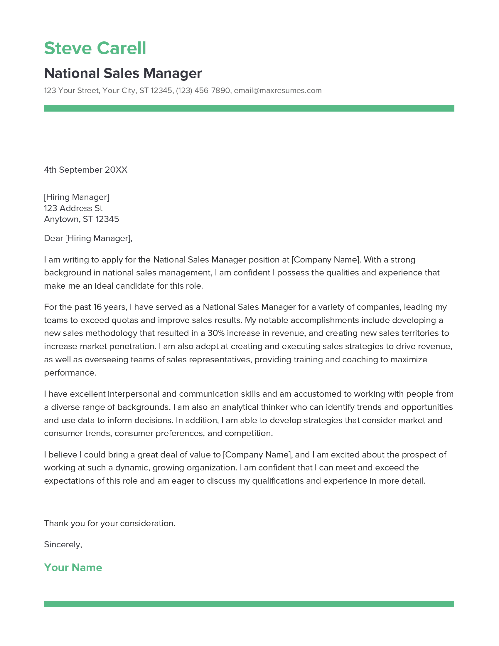 National Sales Manager Cover Letter Example