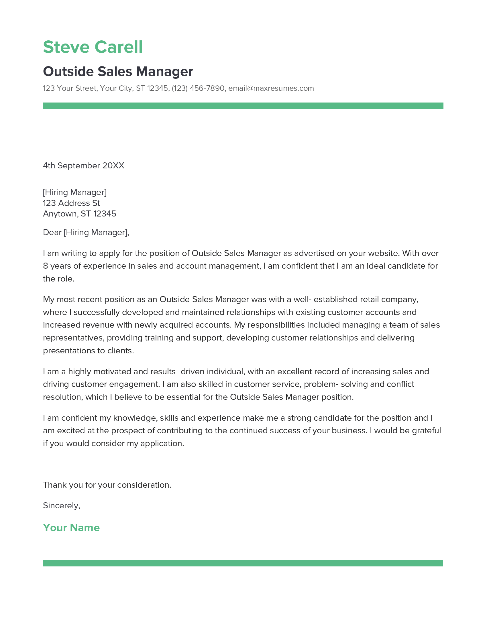 Outside Sales Manager Cover Letter Example