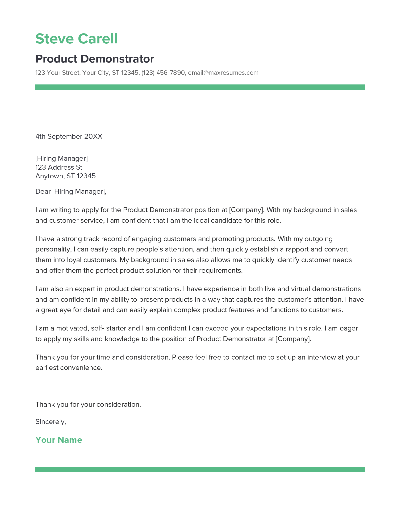 Product Demonstrator Cover Letter Example