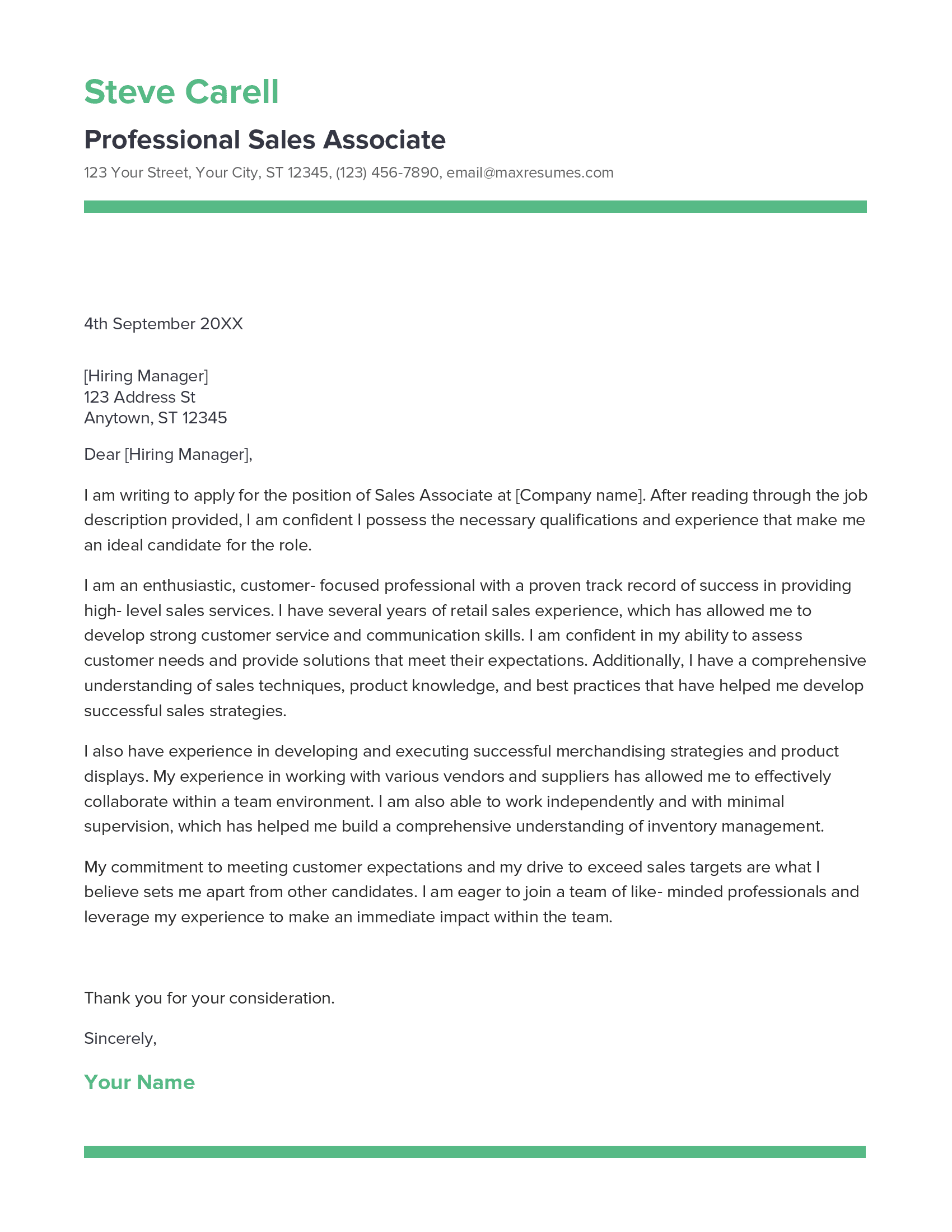 Professional Sales Associate Cover Letter Example
