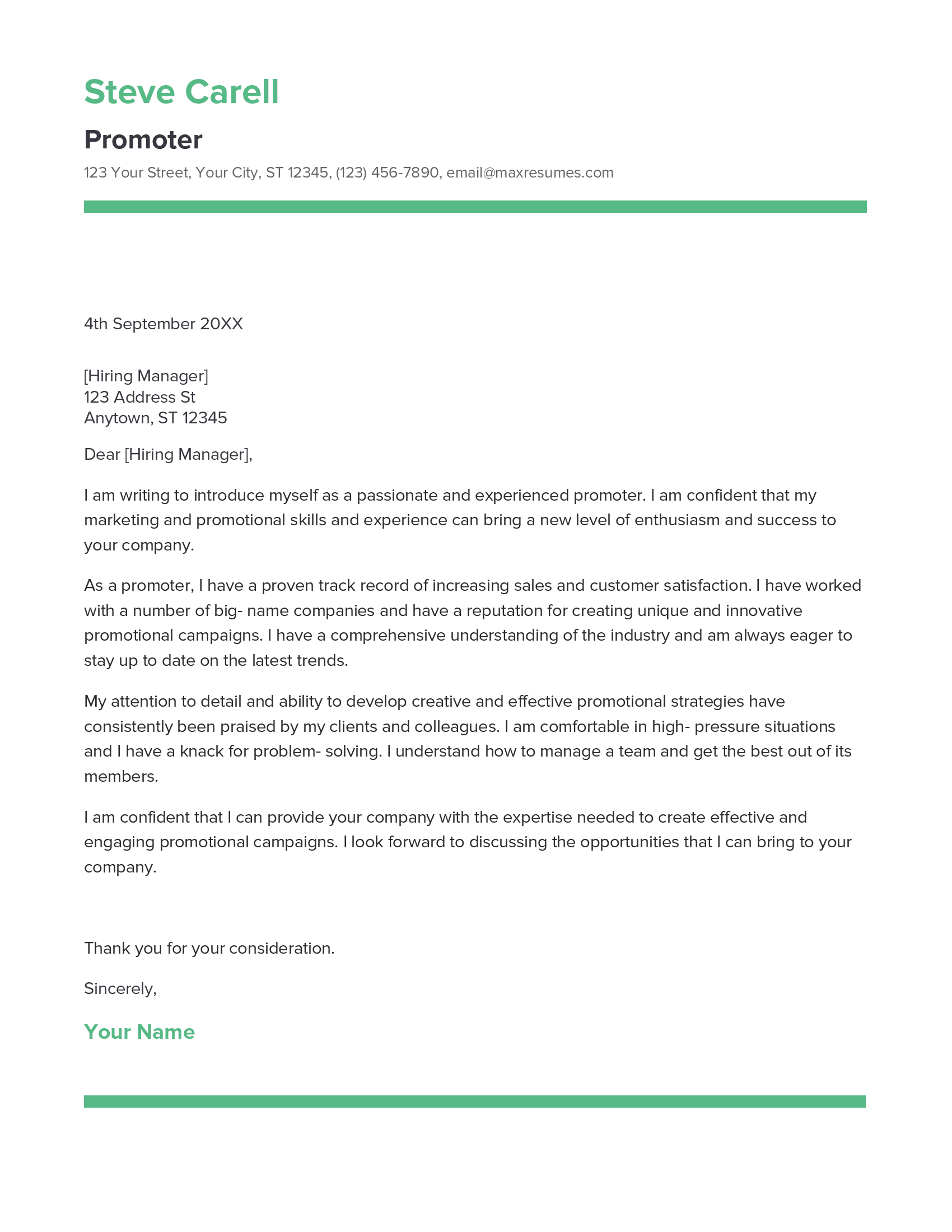 Promoter Cover Letter Example
