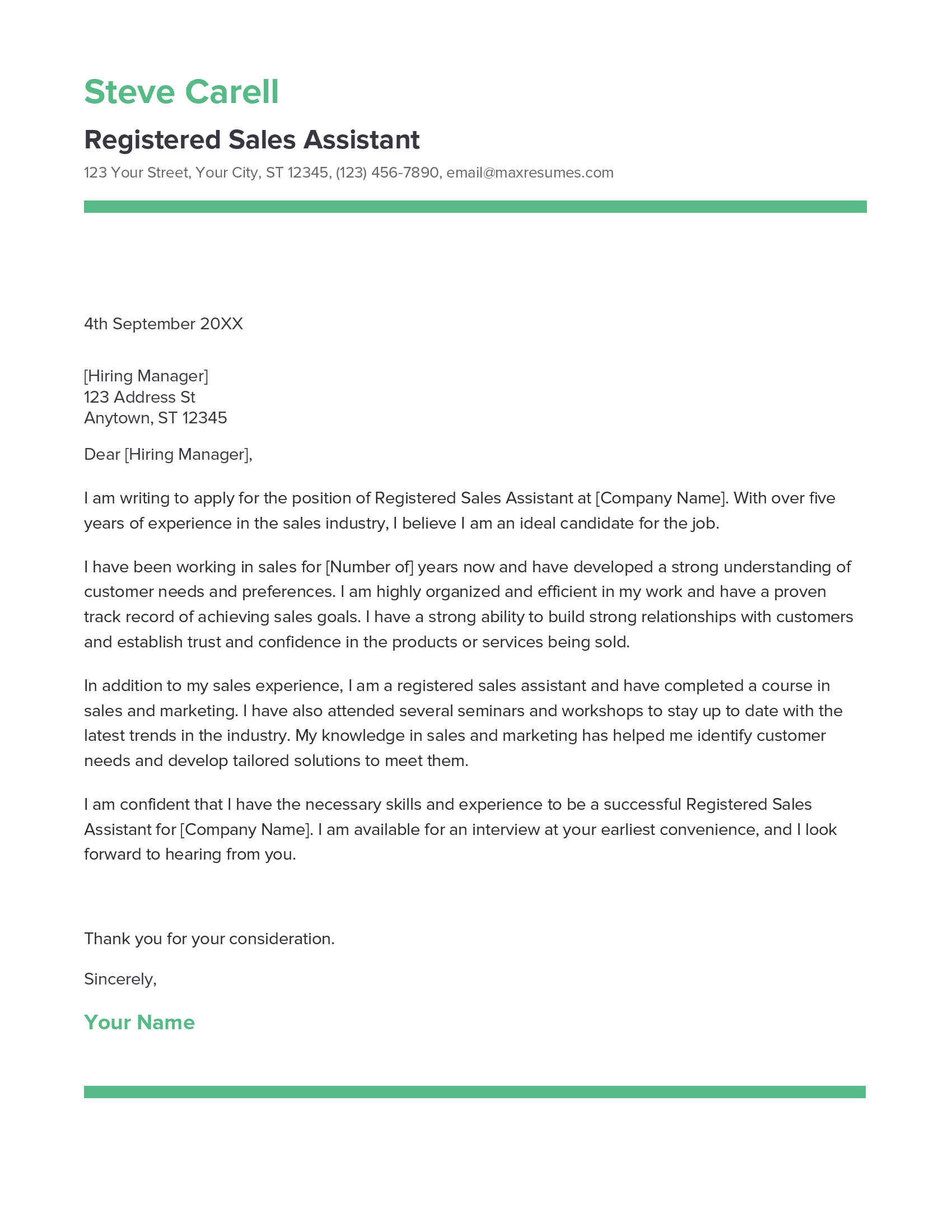 Registered Sales Assistant Cover Letter Example