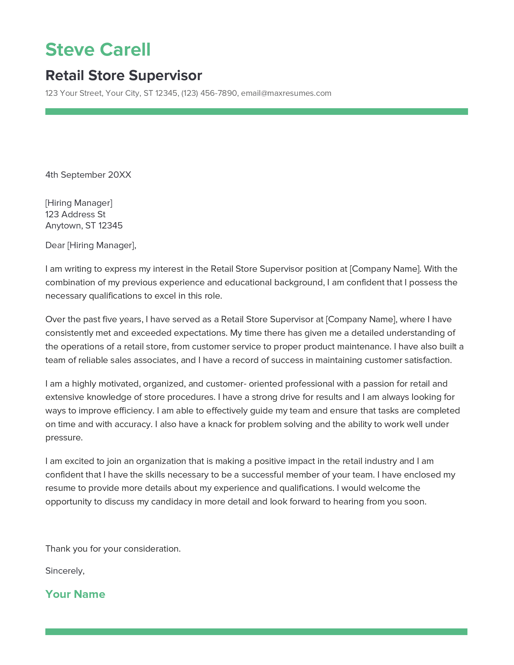 Retail Store Supervisor Cover Letter Example