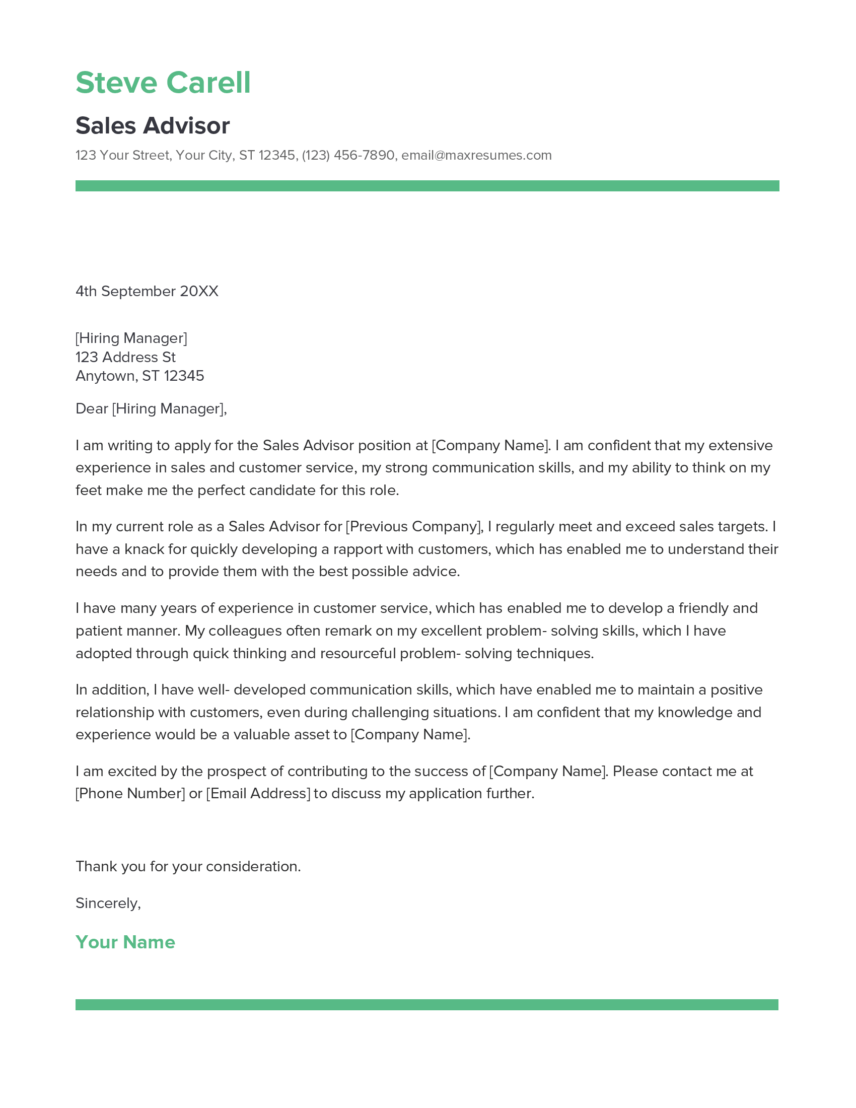 Sales Advisor Cover Letter Example