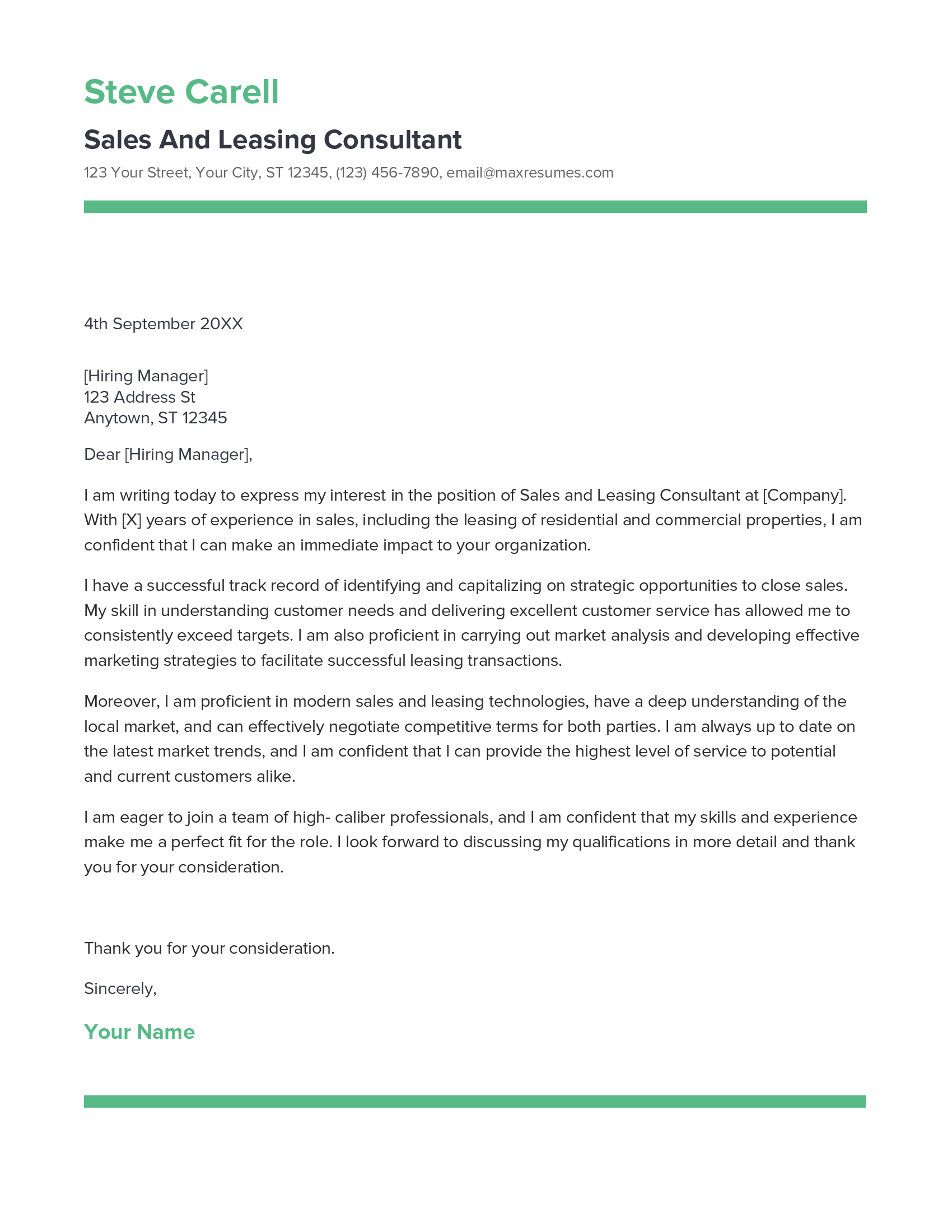 Sales And Leasing Consultant Cover Letter Example