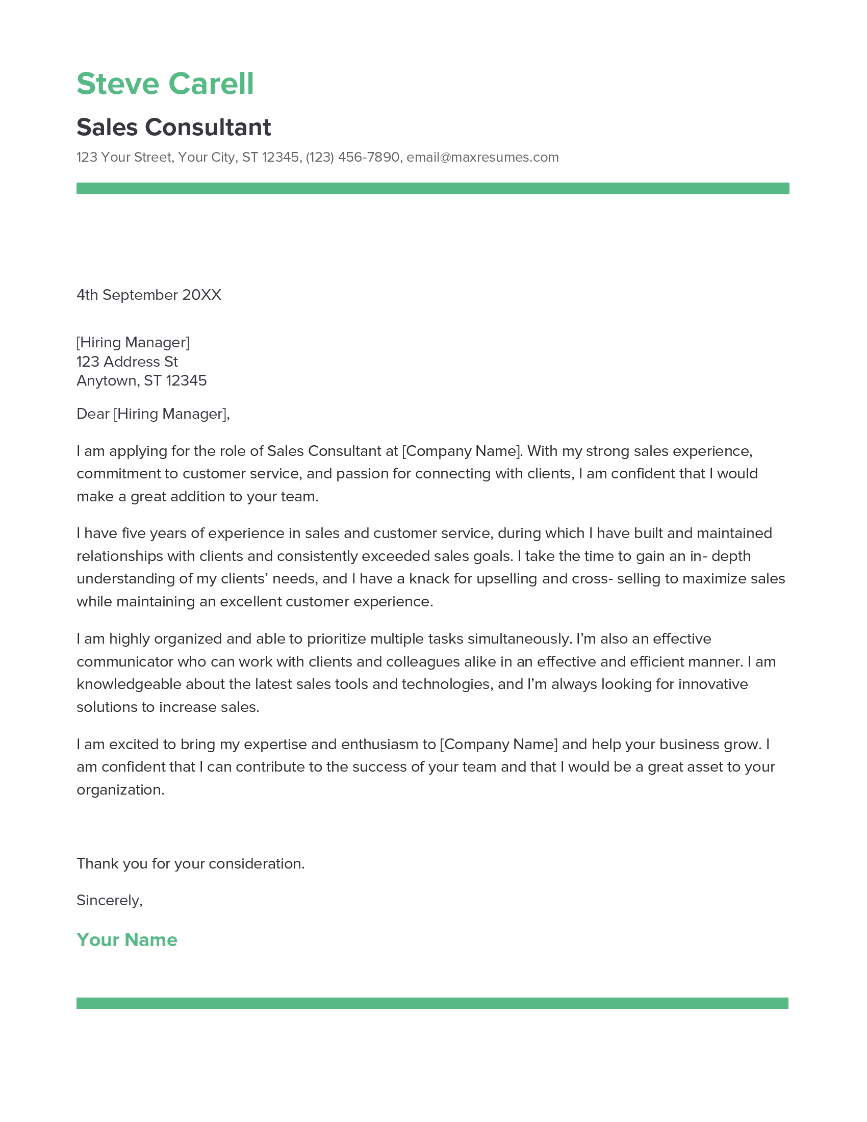 Sales Consultant Cover Letter Example