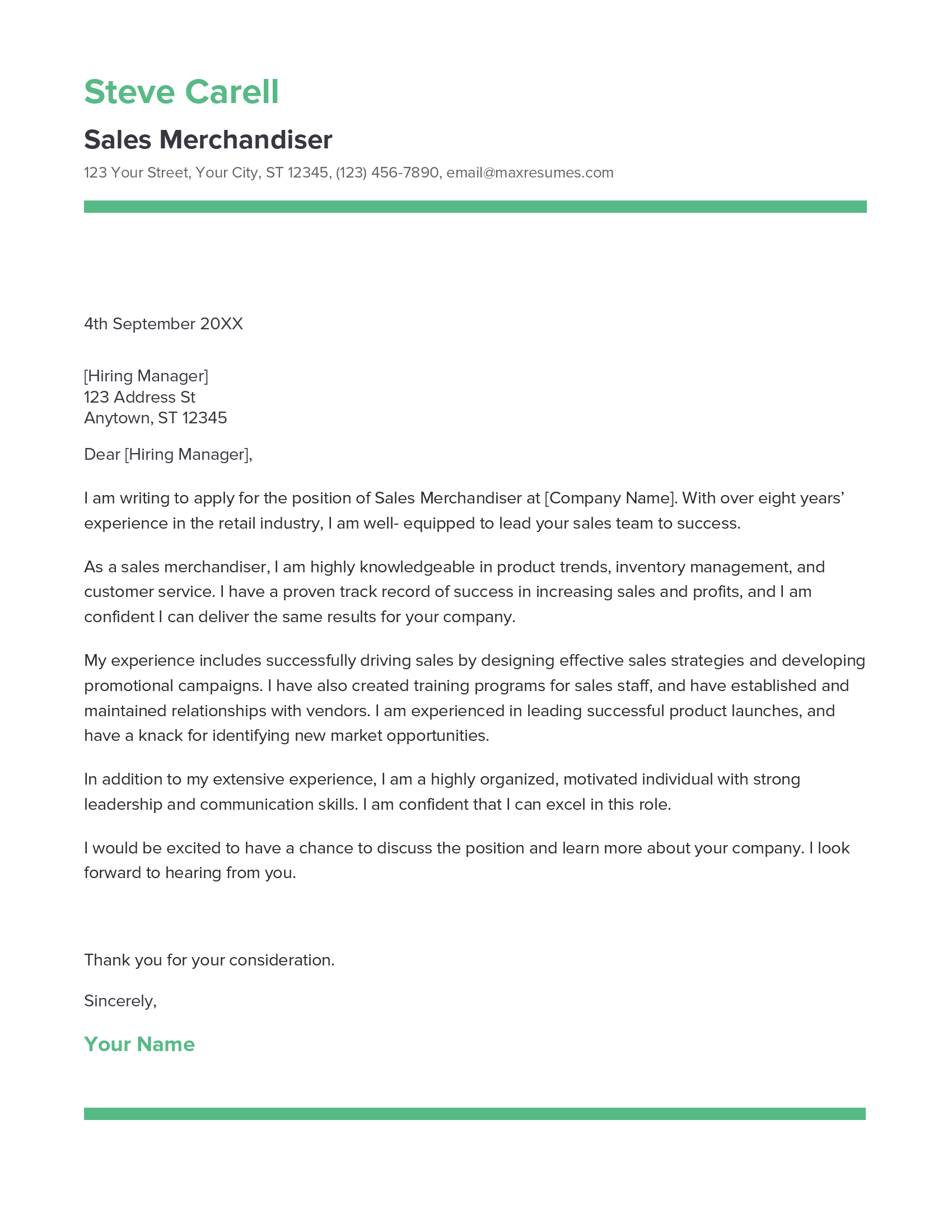 Sales Merchandiser Cover Letter Example