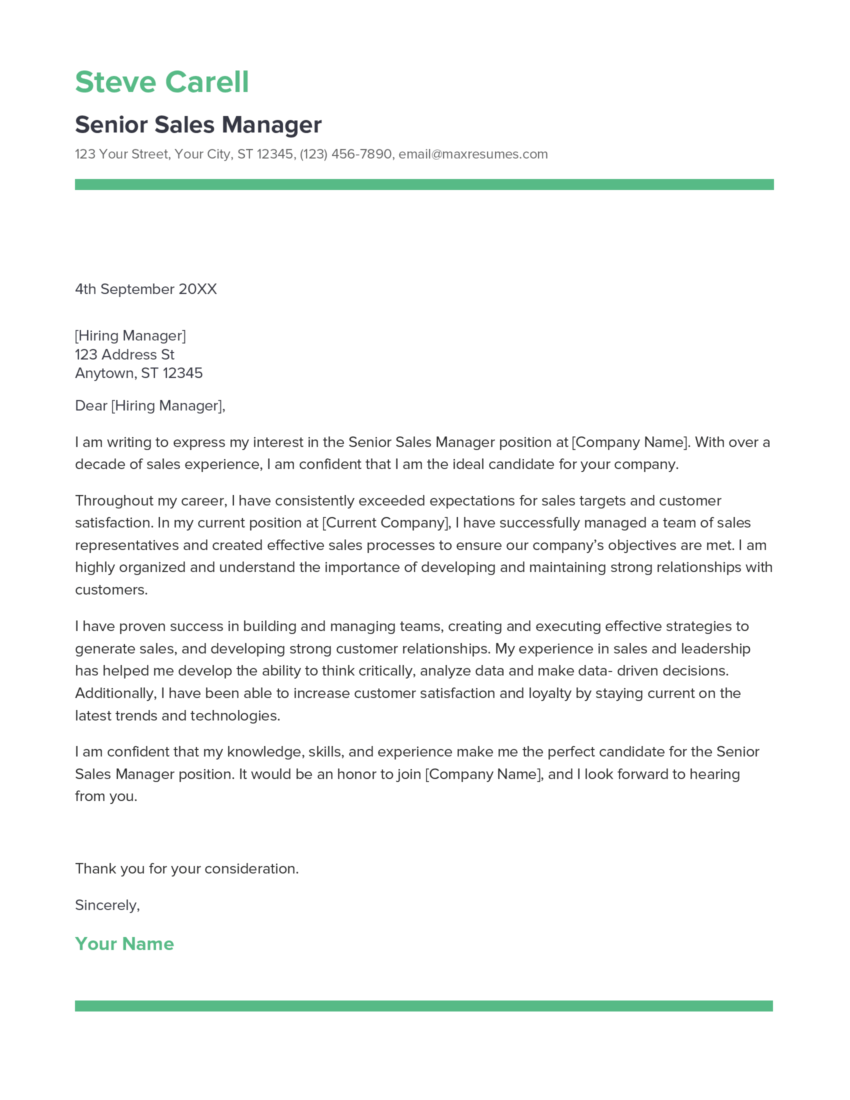 Senior Sales Manager Cover Letter Example