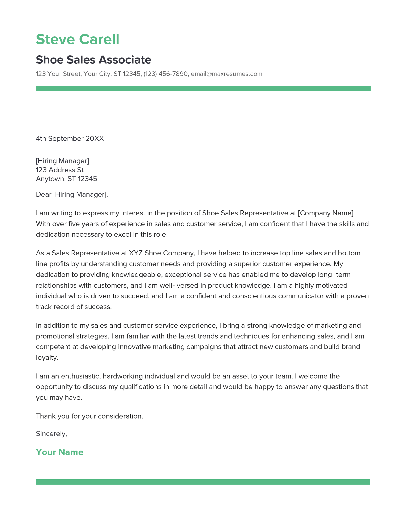 Shoe Sales Associate Cover Letter Example