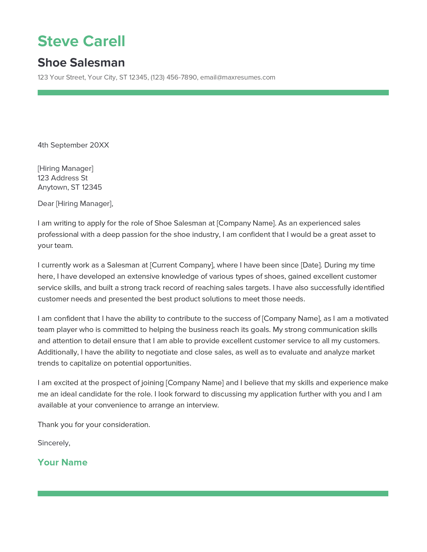 Shoe Salesman Cover Letter Example