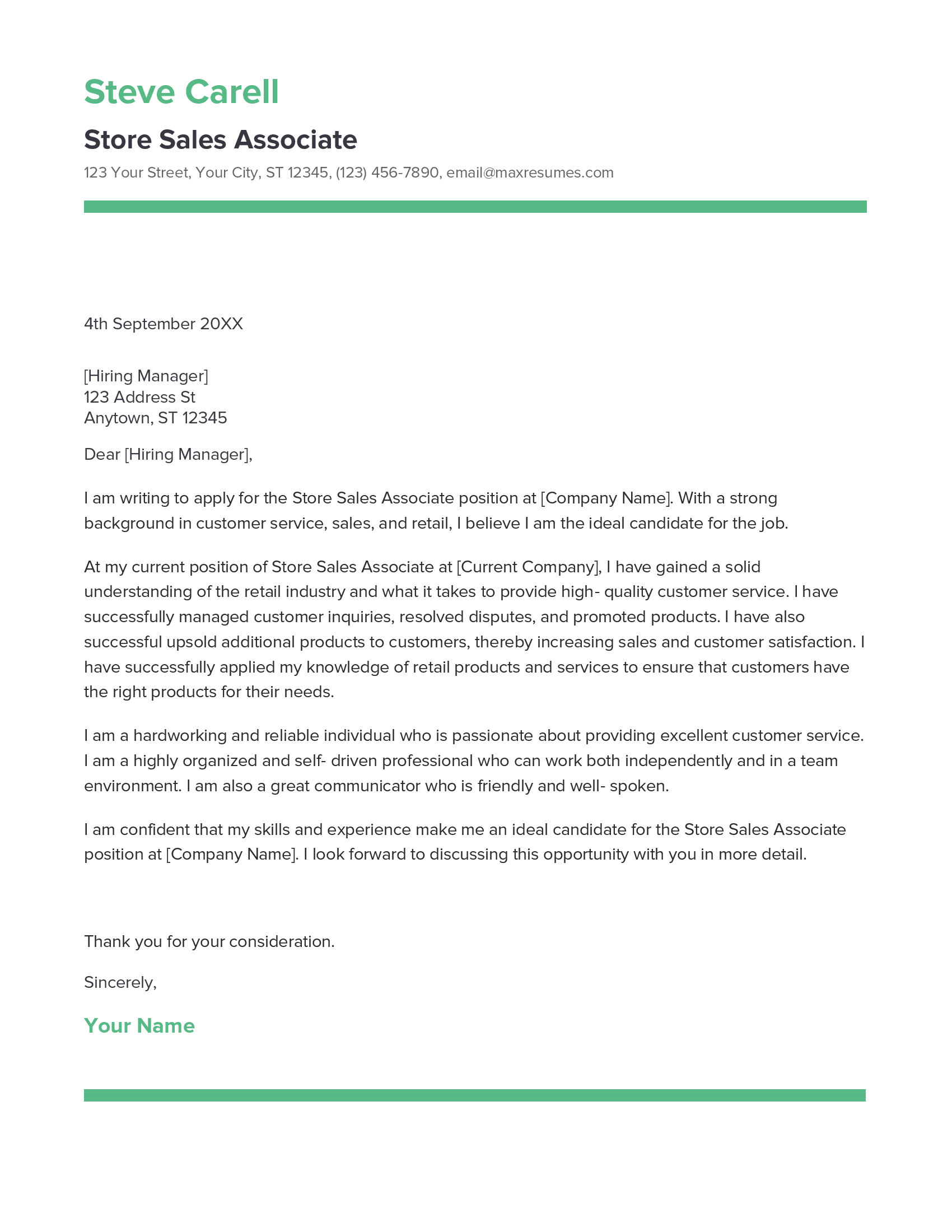 Store Sales Associate Cover Letter Example