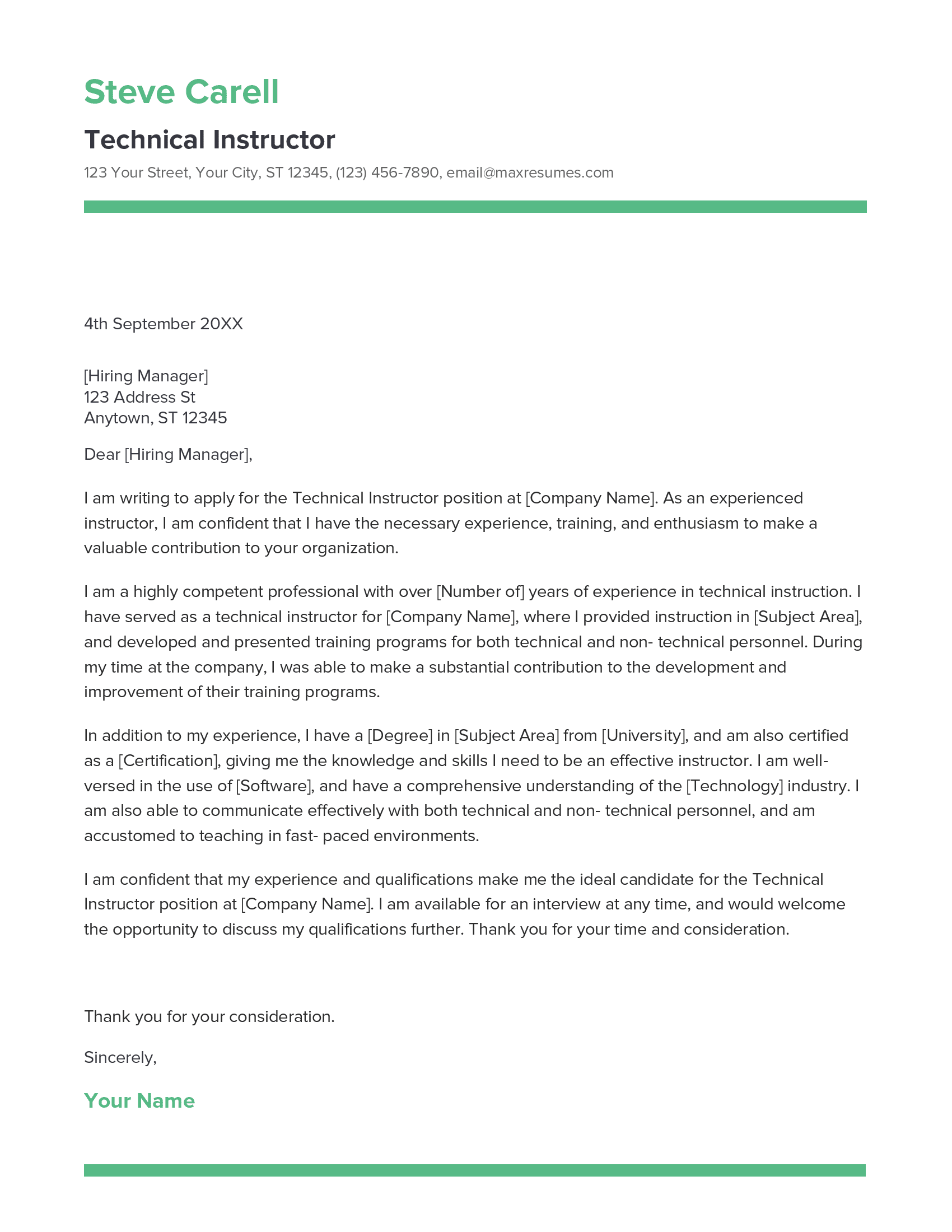 Technical Instructor Cover Letter Example