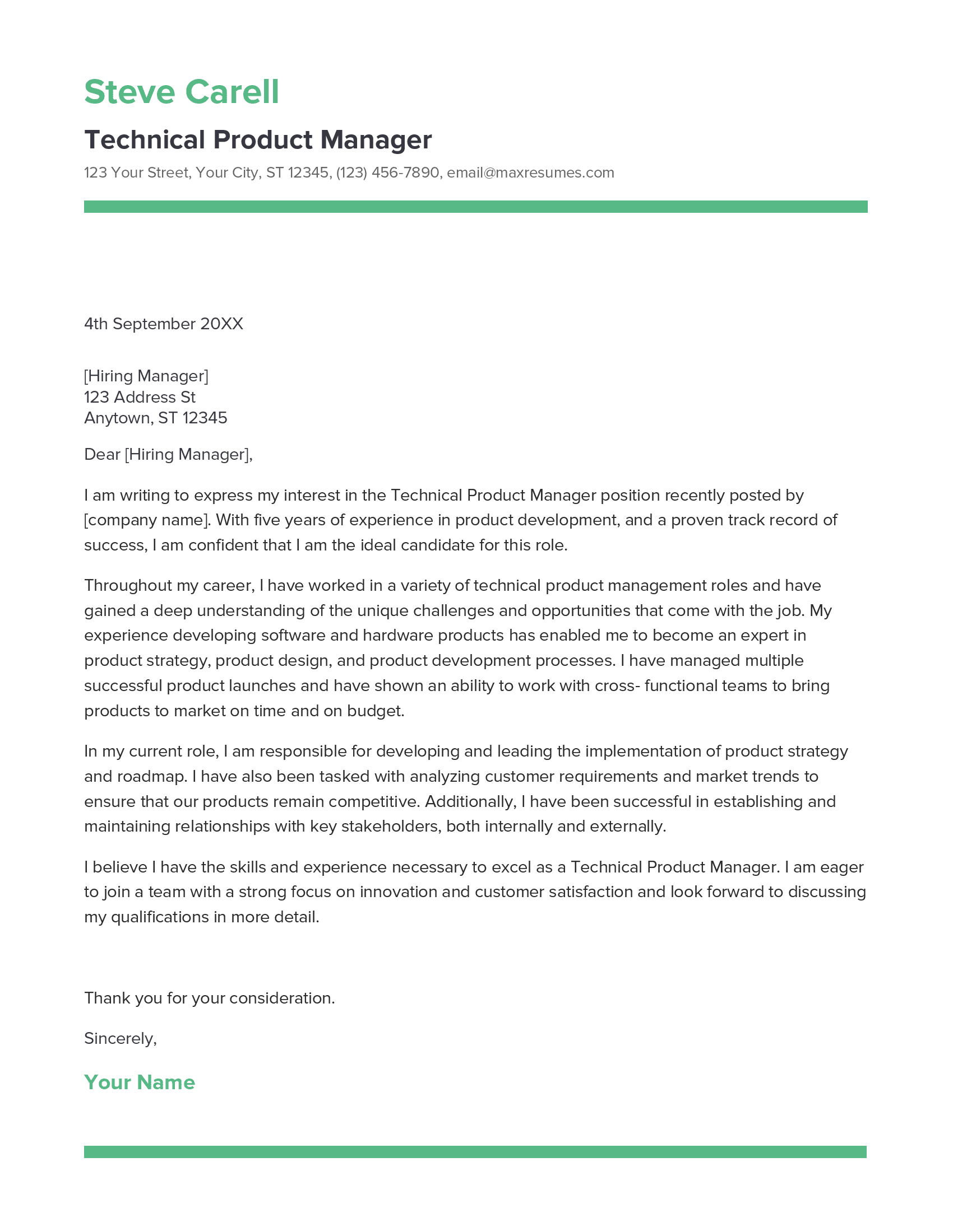 Technical Product Manager Cover Letter Example