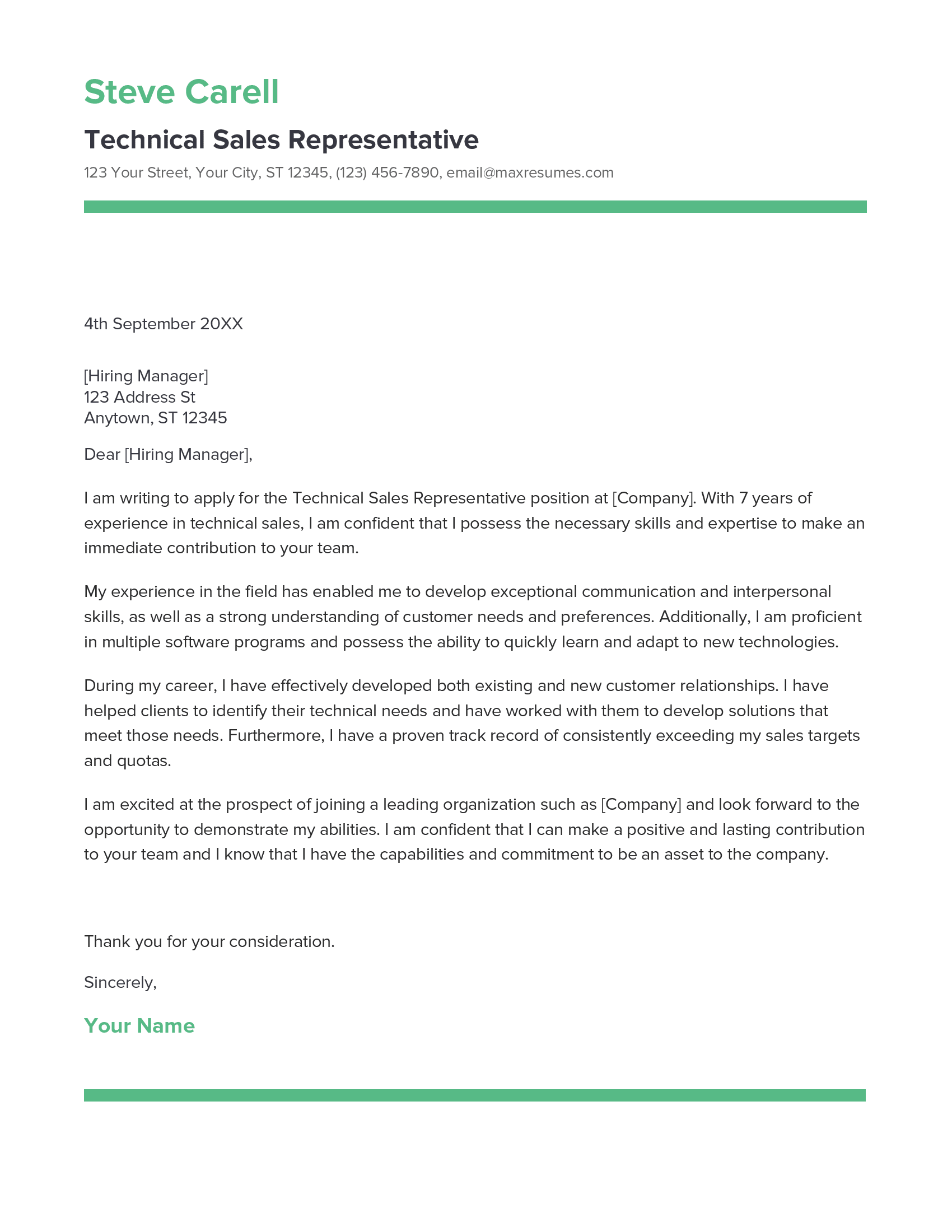 Technical Sales Representative Cover Letter Example