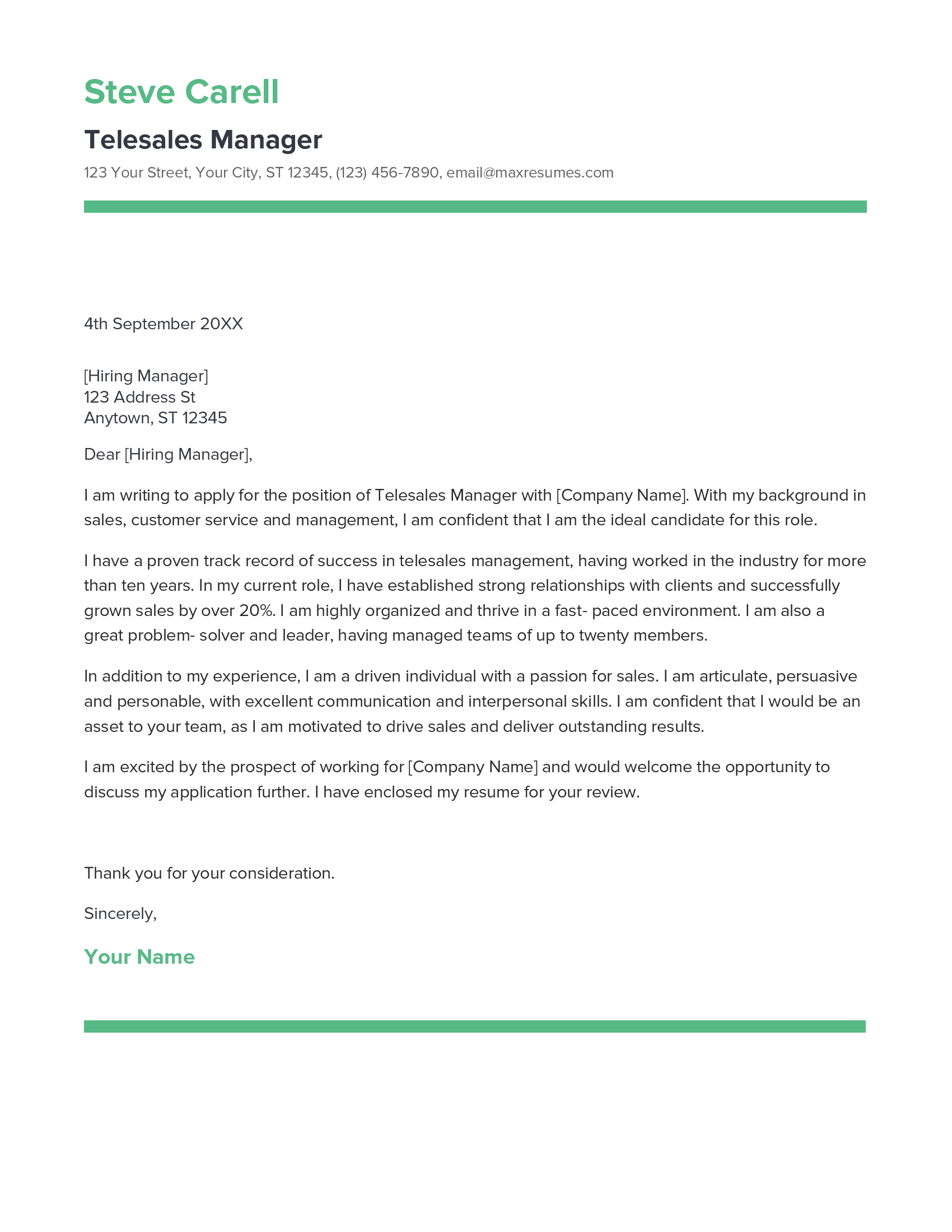 Telesales Manager Cover Letter Example