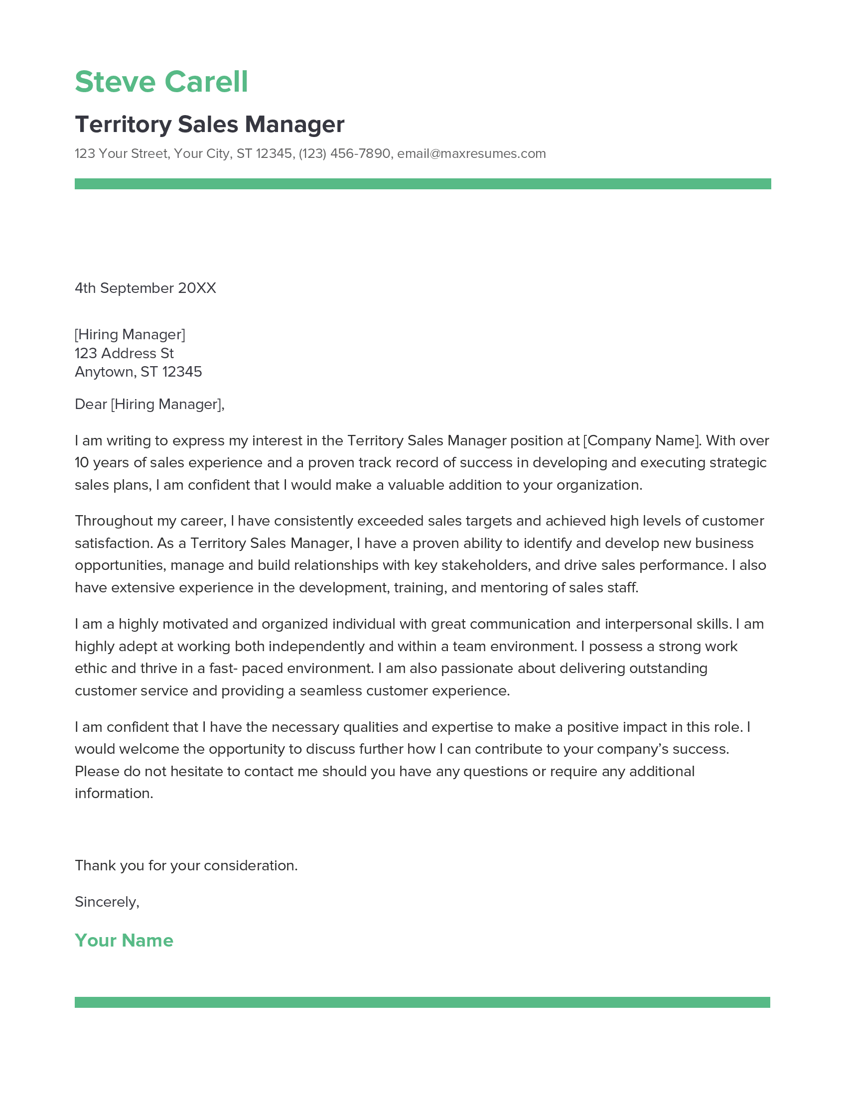 Territory Sales Manager Cover Letter Example