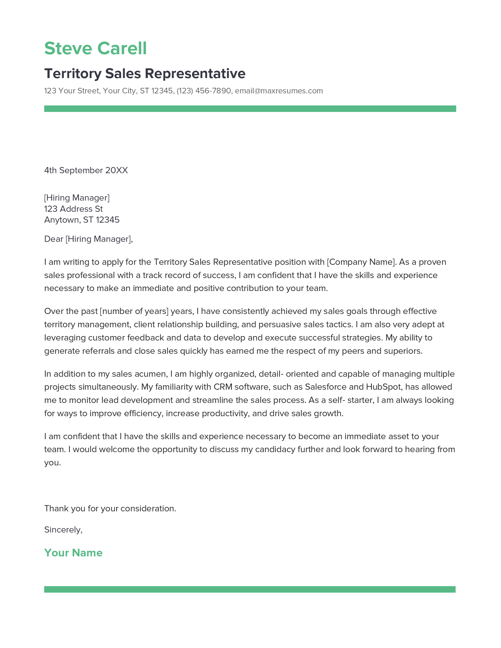 Territory Sales Representative Cover Letter Example