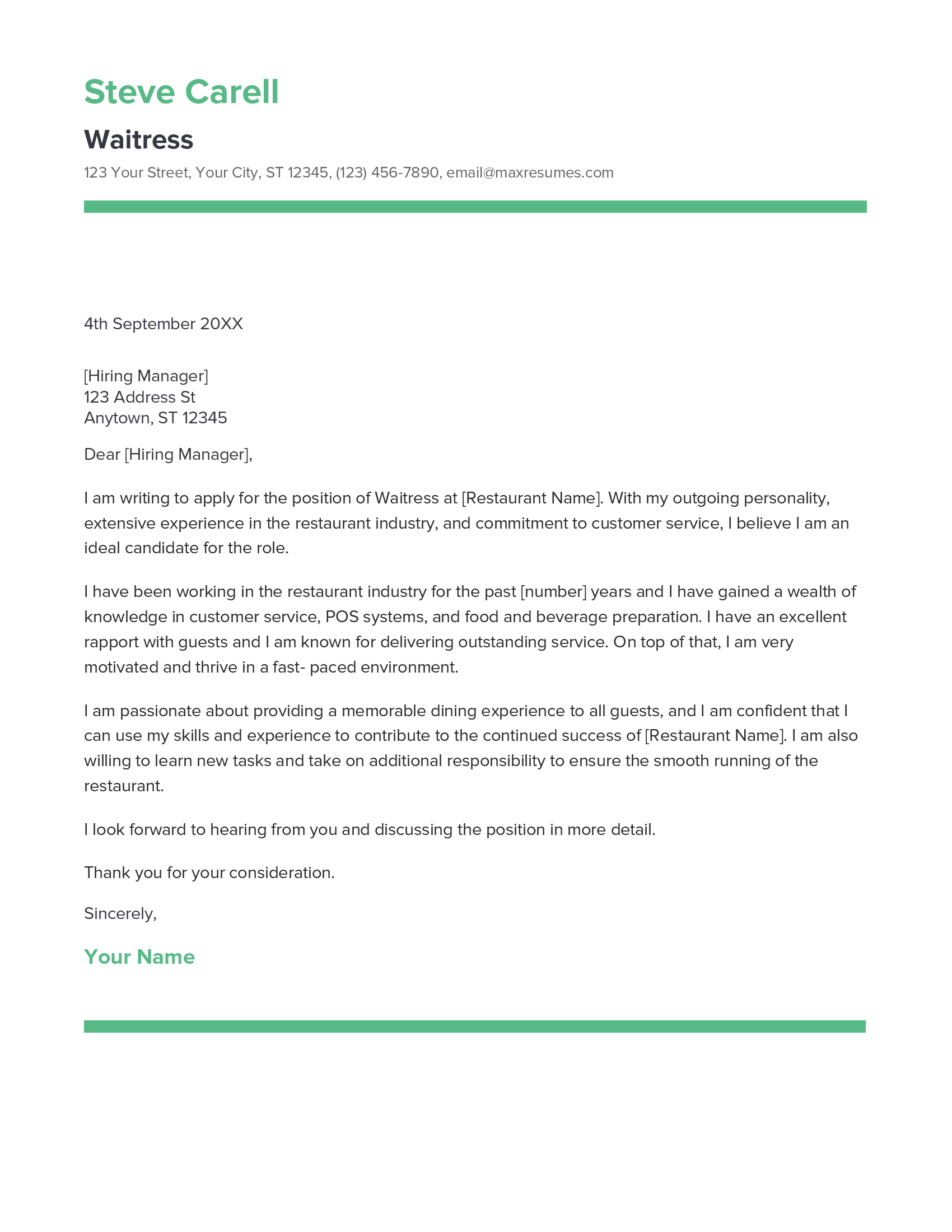Waitress Cover Letter Example
