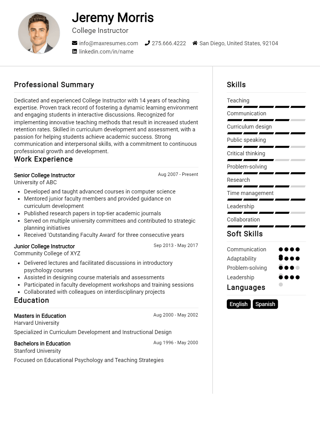 college-instructor-resume-sample