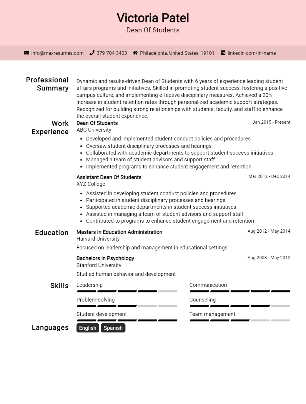 dean-of-students-resume-sample