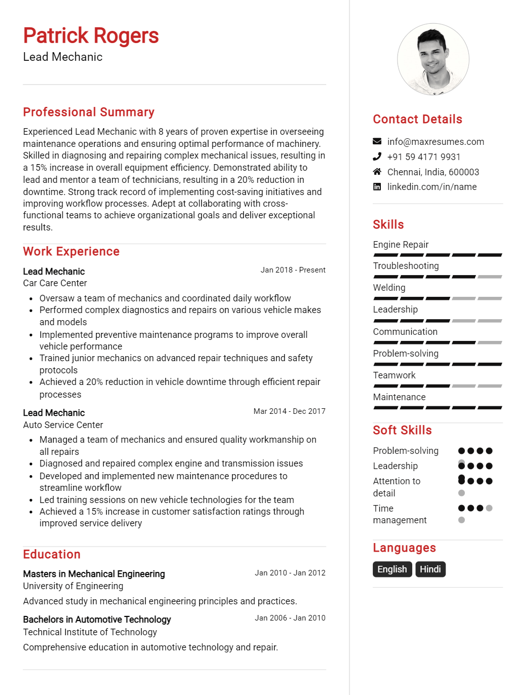 lead-mechanic-resume-sample