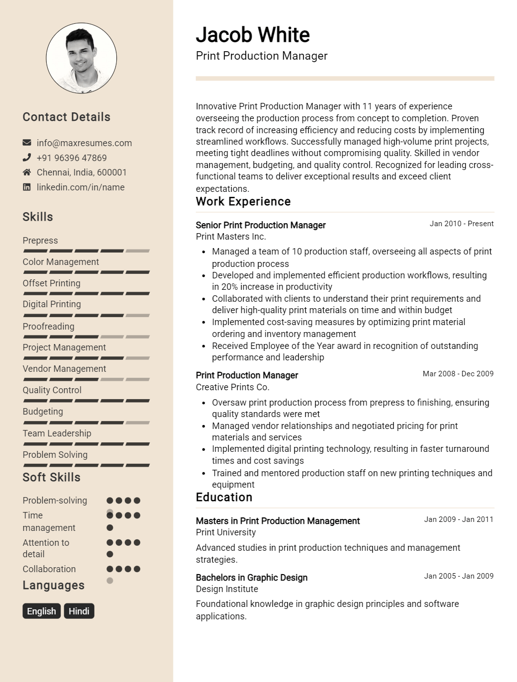 print-production-manager-resume-sample