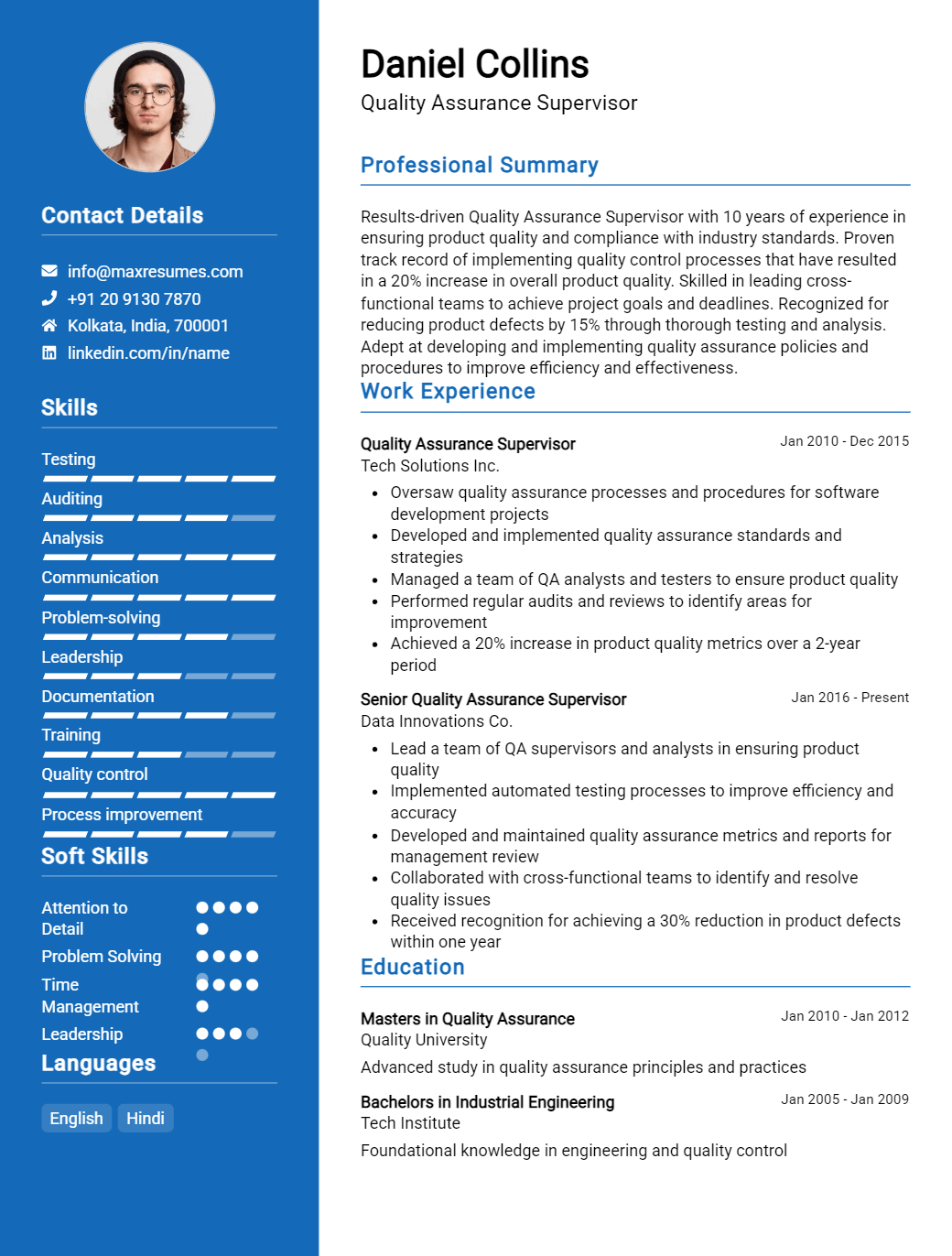 quality-assurance-supervisor-resume-sample