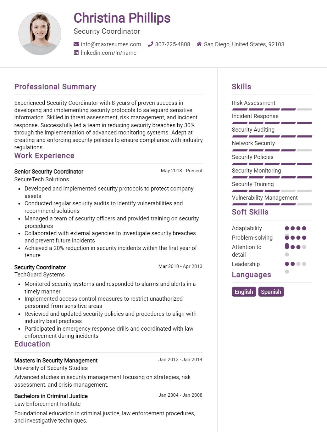 security-coordinator-resume-sample