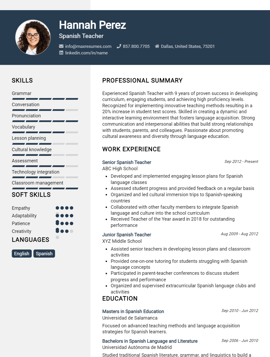 spanish-teacher-resume-sample