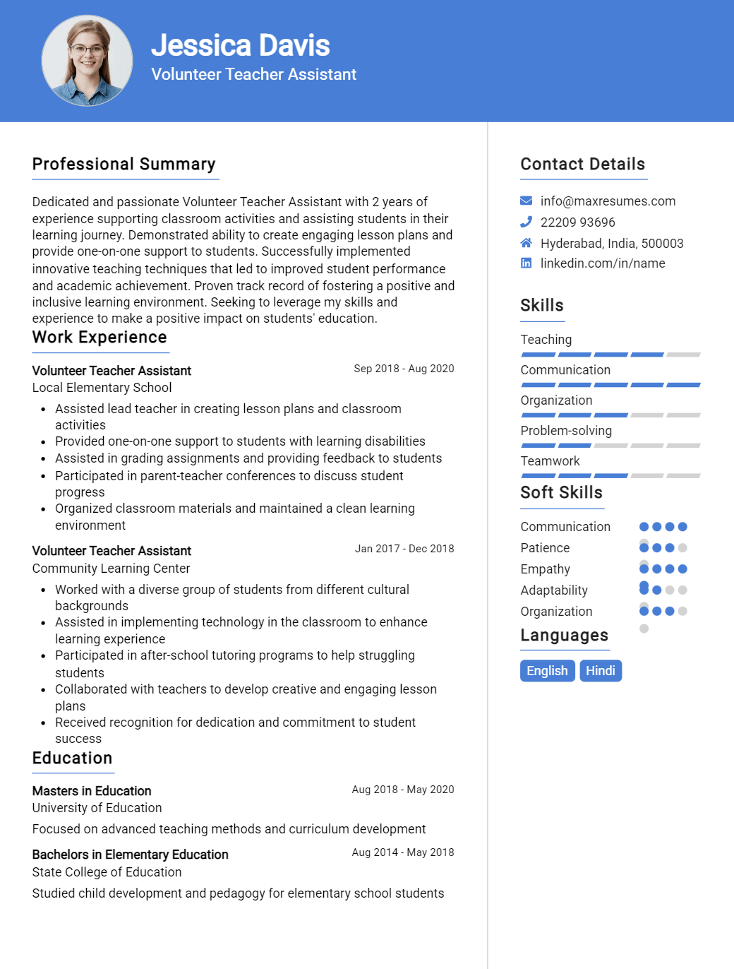 volunteer-teacher-assistant-resume-sample